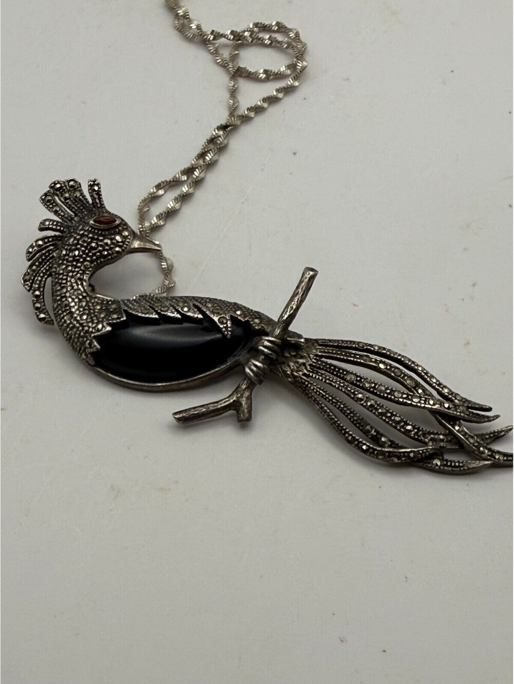 925 Sterling Silver Marcasite Onyx Peacock Brooch Pendant 24" Necklace Vintage